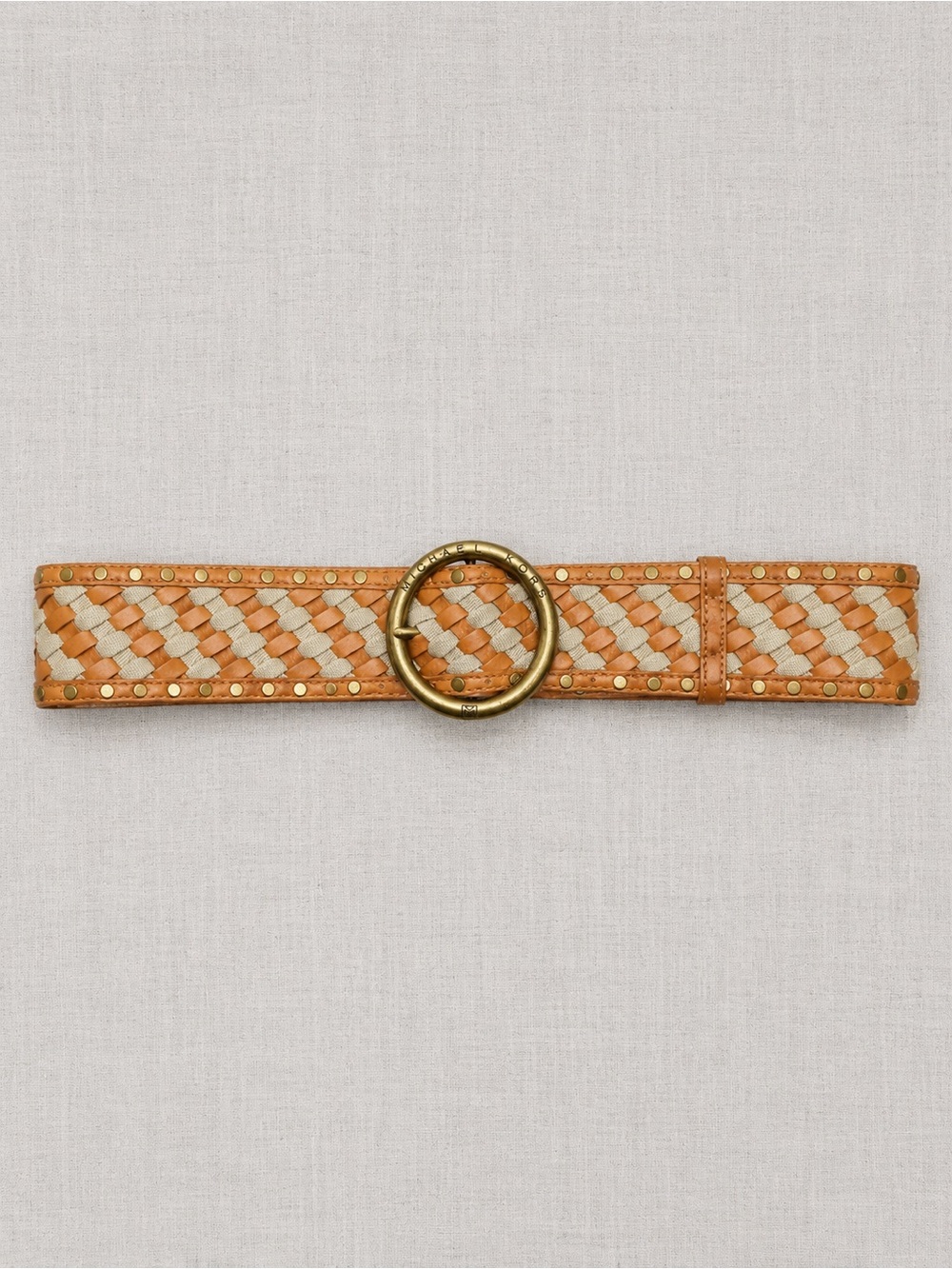 Michael Kors Woven Tan and Cream Leather Belt with Gold Ring Buckle